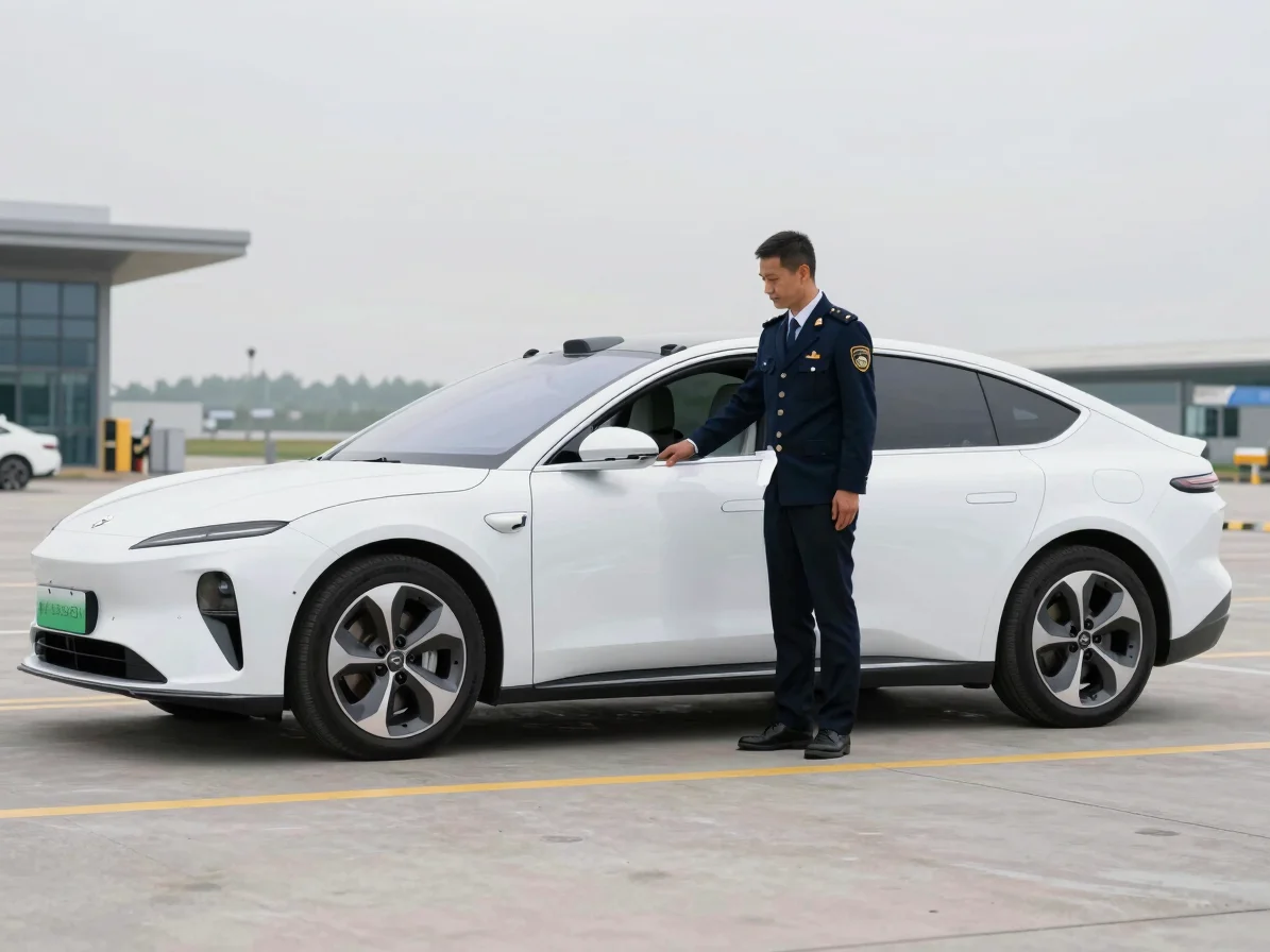 Professional uniformed chauffeur opening the door of a white elec