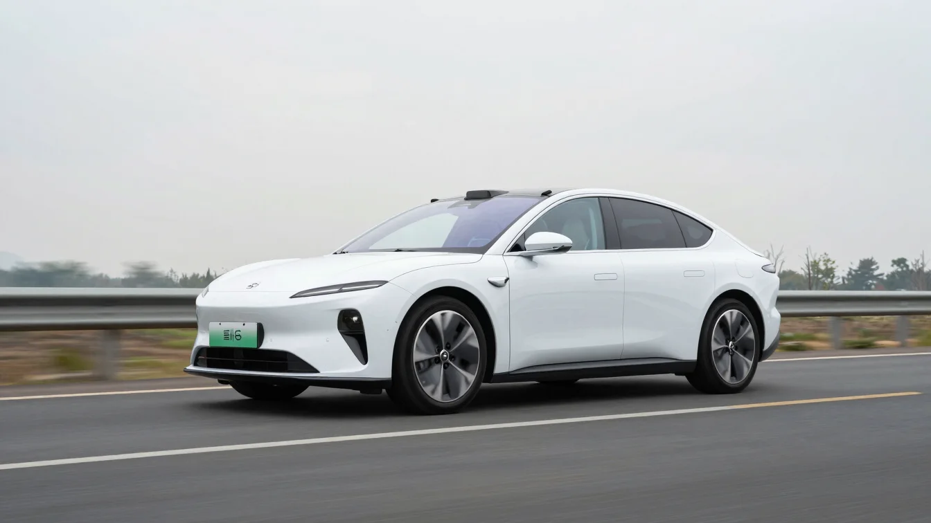 Sleek white electric sedan driving on an open highway under brigh