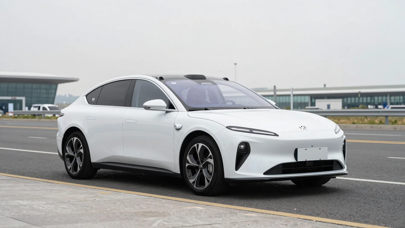 Front three-quarter view of a clean white electric sedan parked n