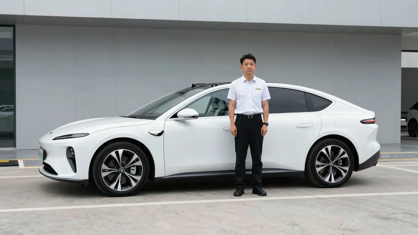 Chauffeur standing beside a pristine electric vehicle in a clean